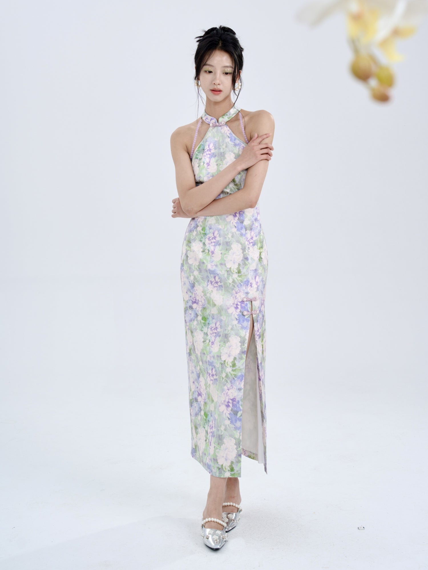 Floral Jacquard Slim American Sleeve Long Dress