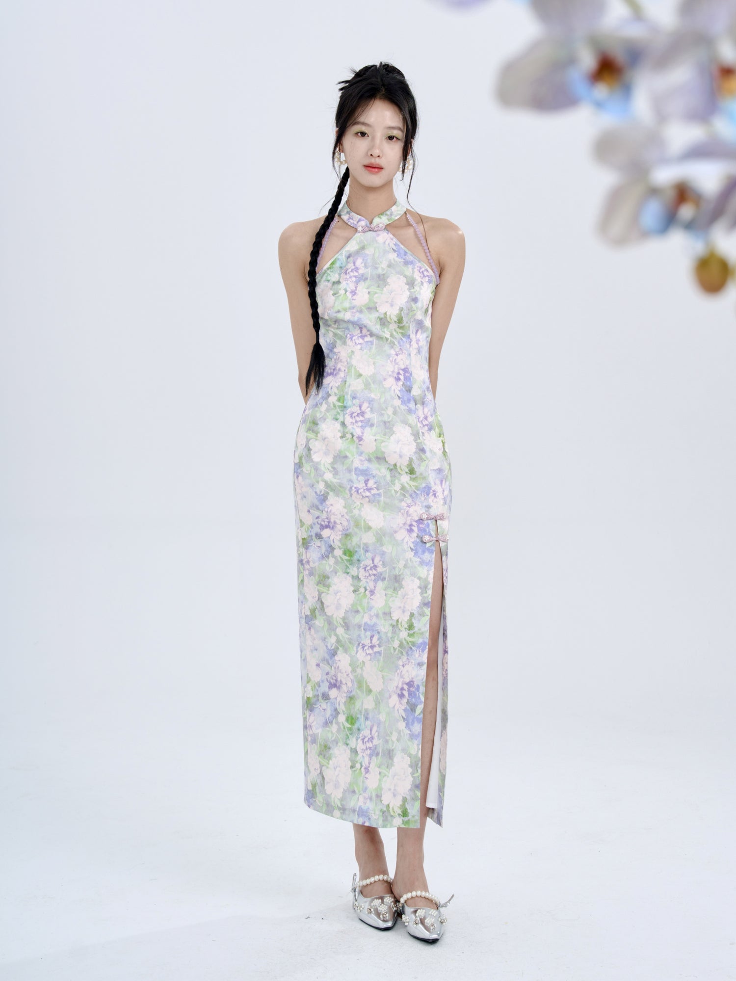 Floral Jacquard Slim American Sleeve Long Dress