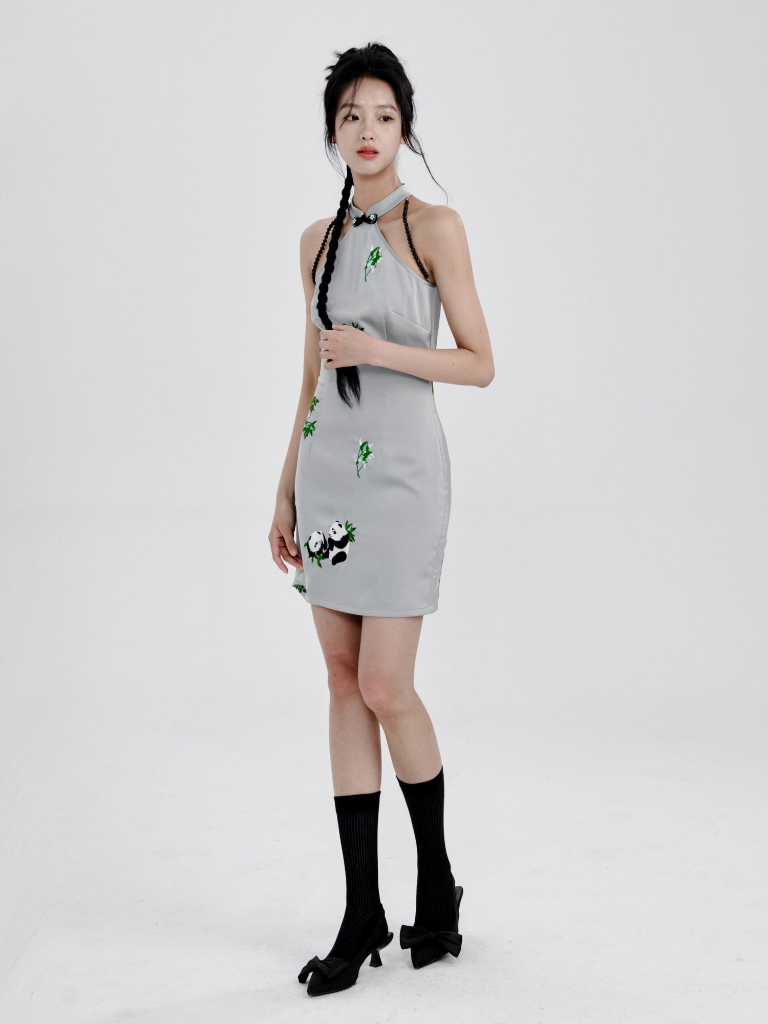 Chinese Style Panda Embroidery Slim American Sleeve Dress