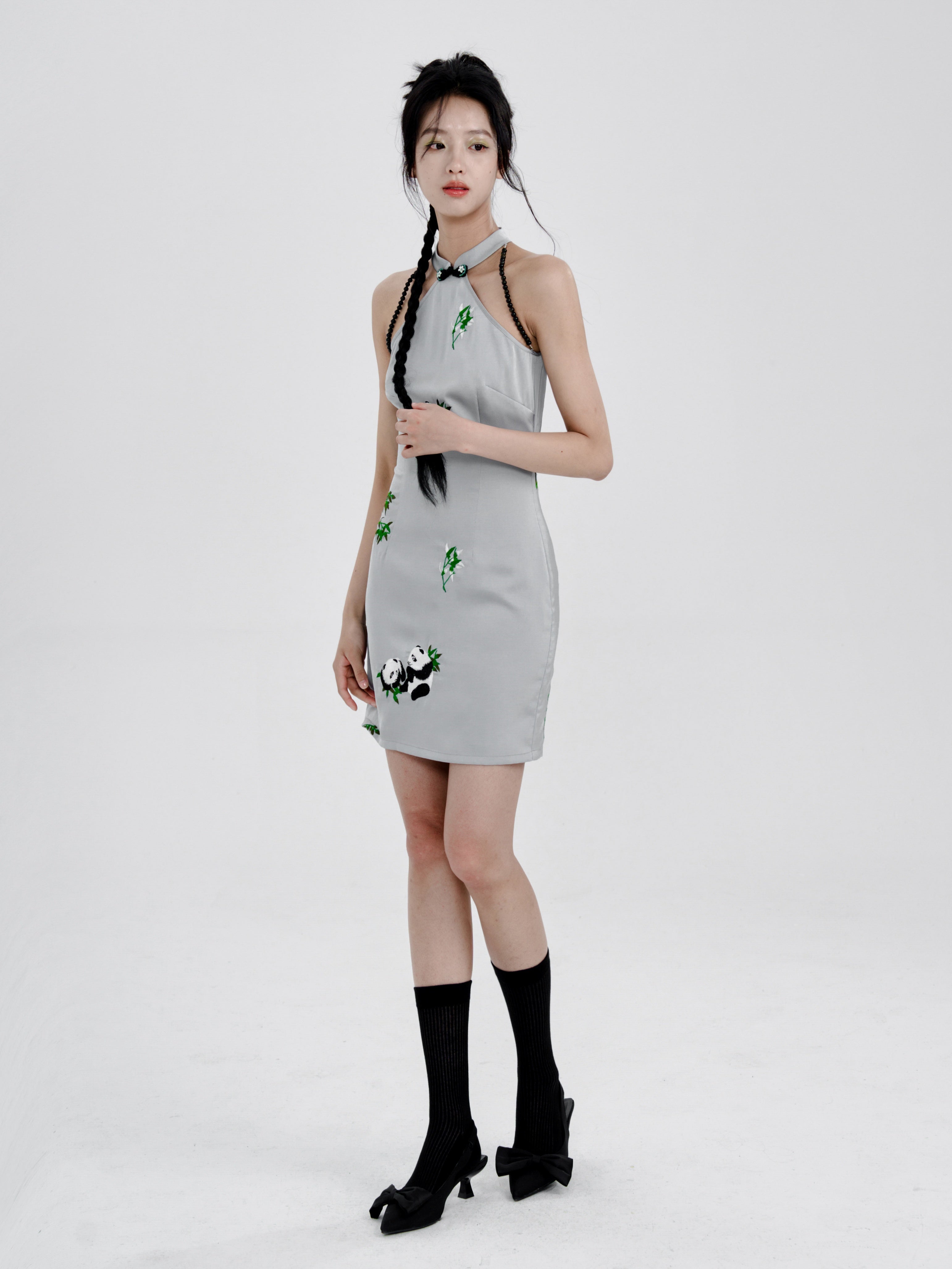 Chinese Style Panda Embroidery Slim American Sleeve Dress