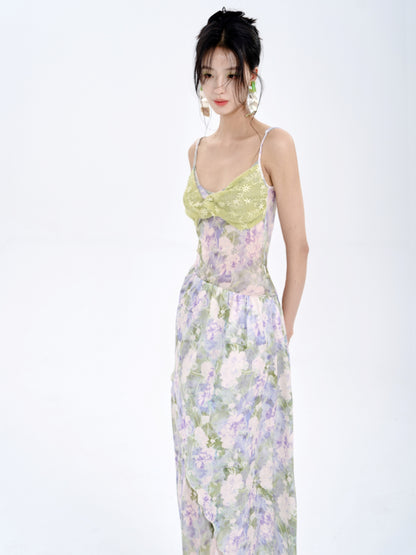 Stitching Tube Top Suspender Floral Dress &amp; Wrap Skirt