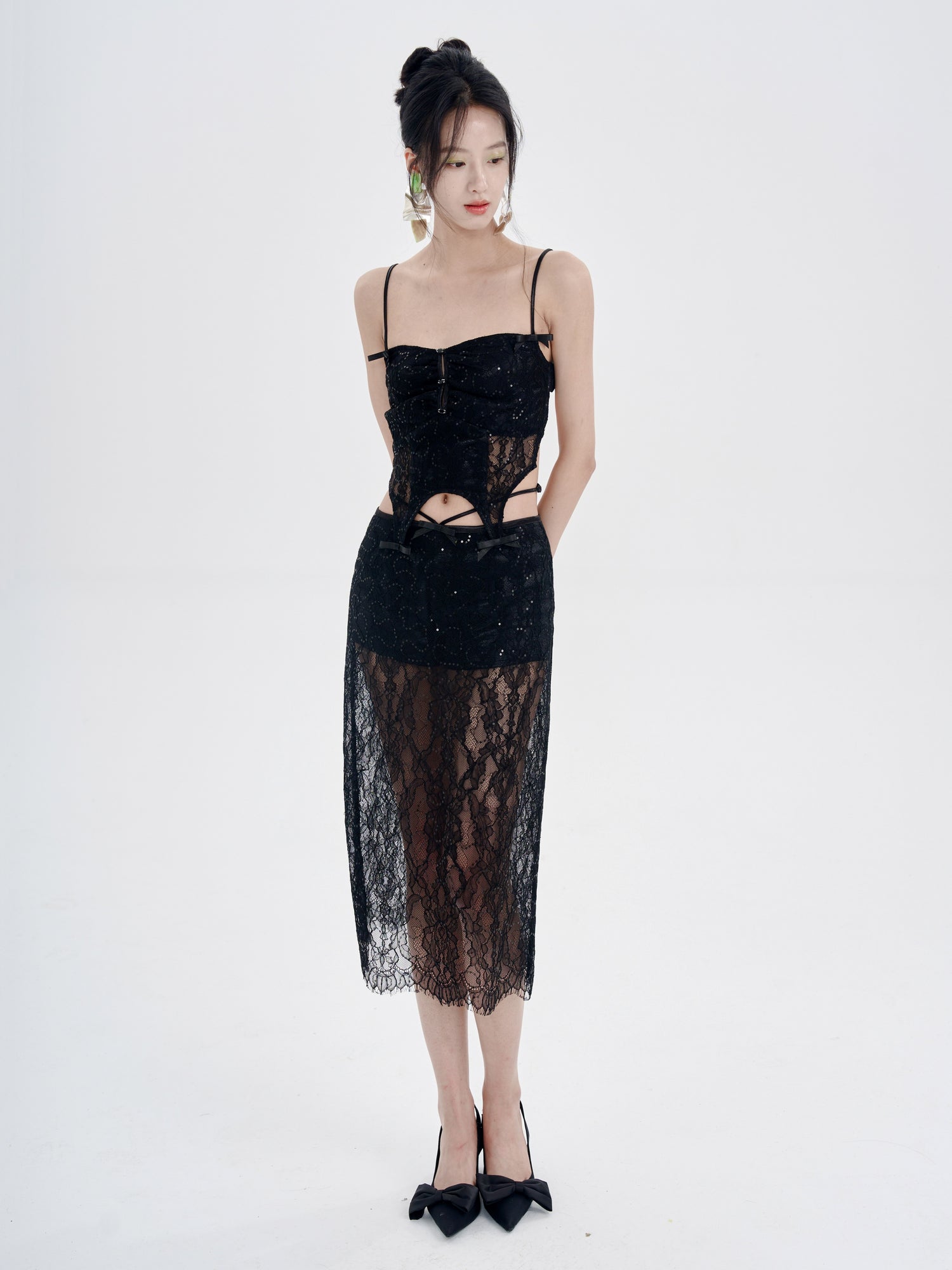 Lace Irregular Hem Camisole &amp; Low Waist Mid-Length Skirt