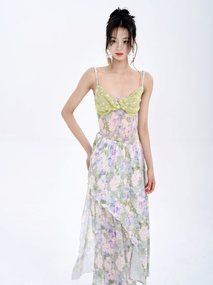 Stitching Tube Top Suspender Floral Dress &amp; Wrap Skirt