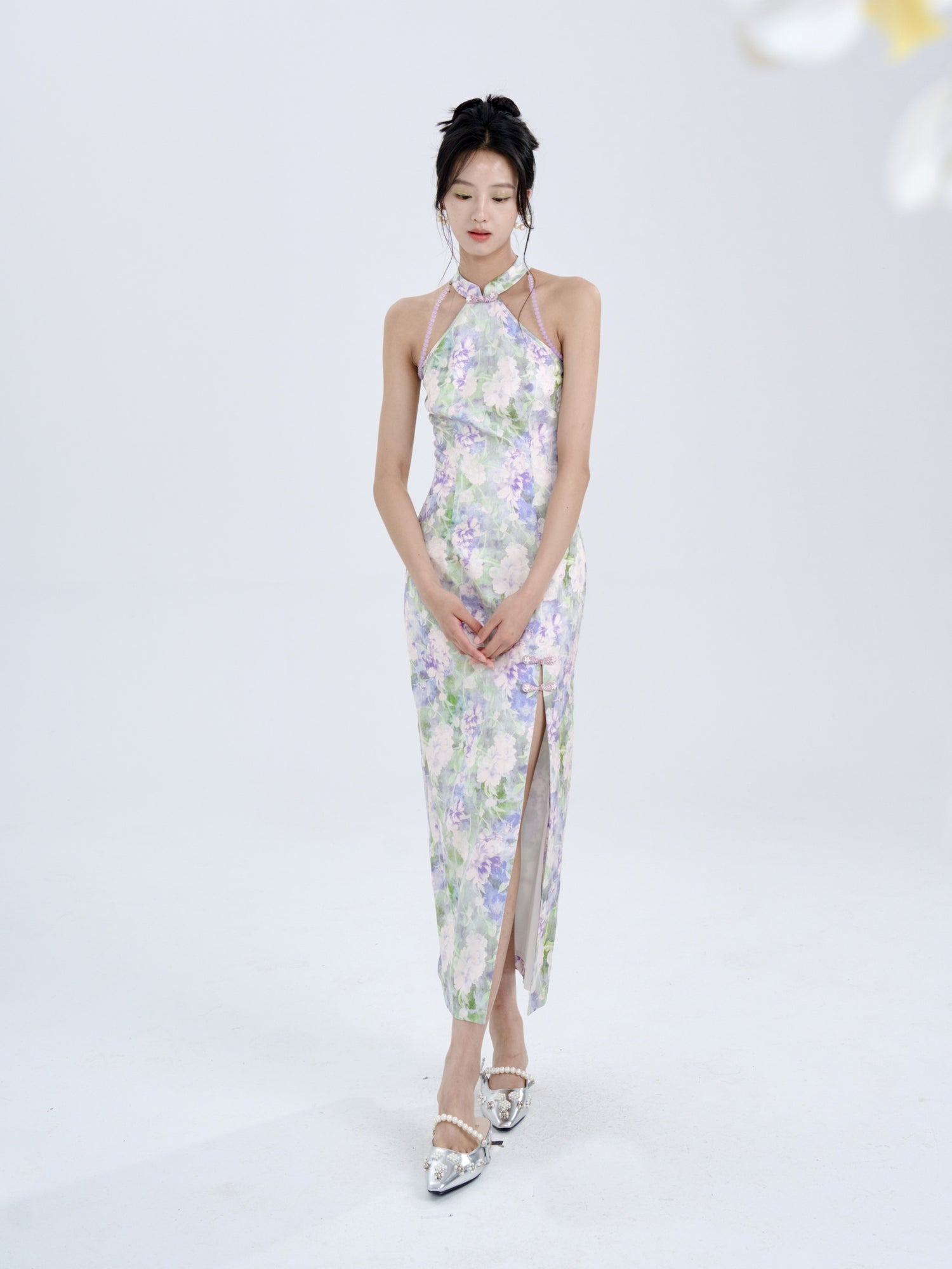 Floral Jacquard Slim American Sleeve Long Dress