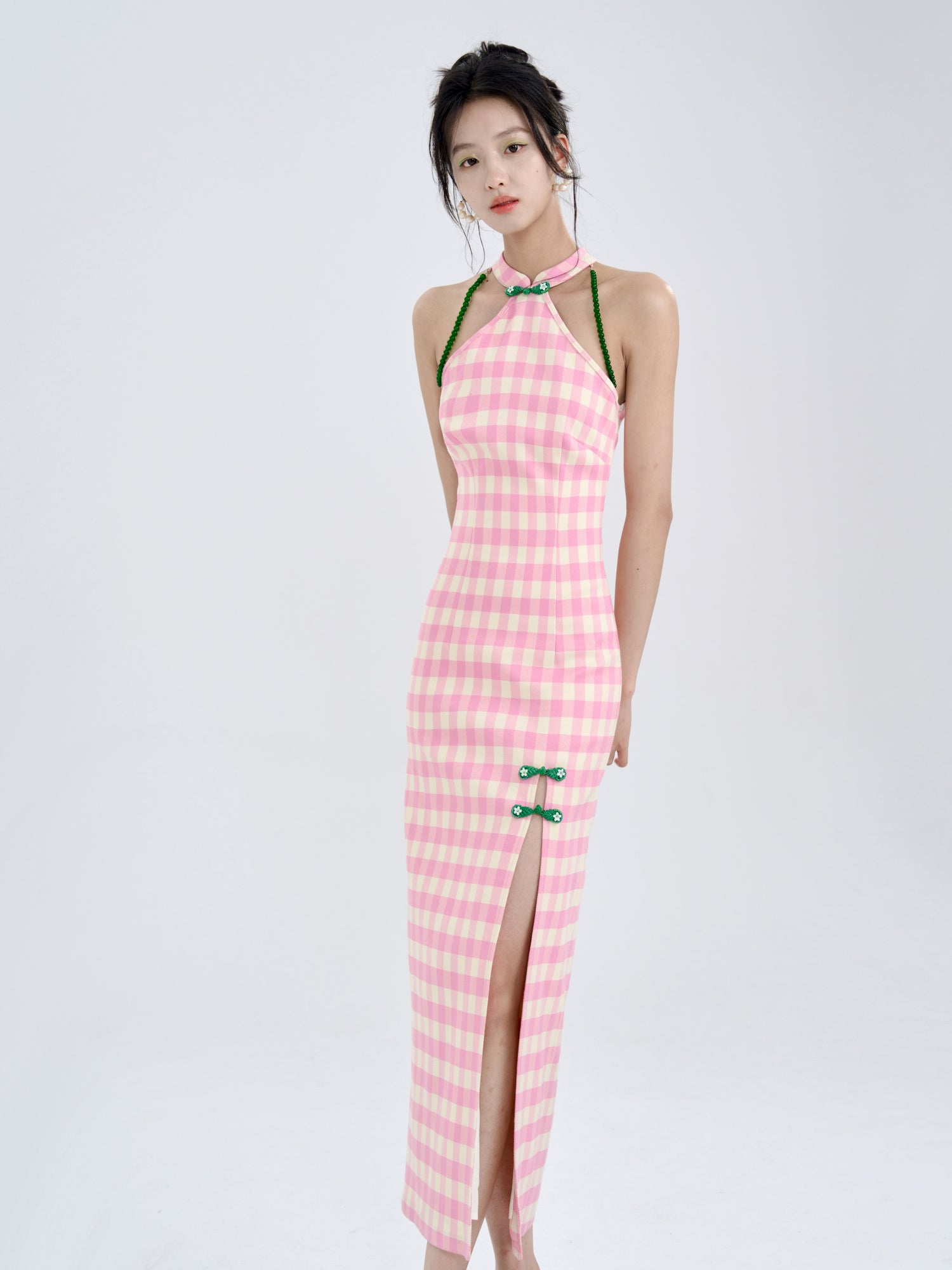 American Sleeve Plaid Chinese Style Slim Long Dress