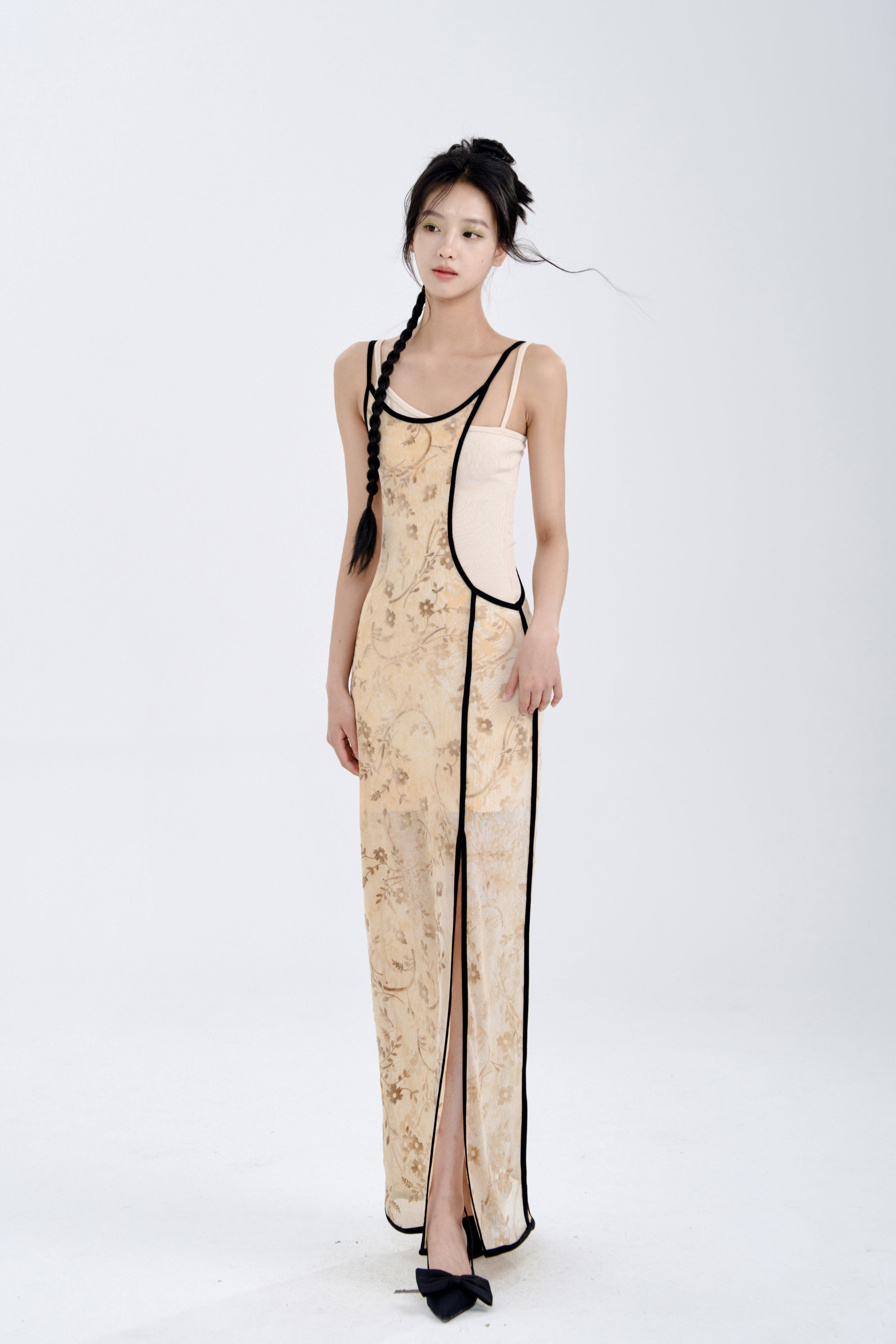 Flocking Burn Flower Elastic Slip Dress Set-up