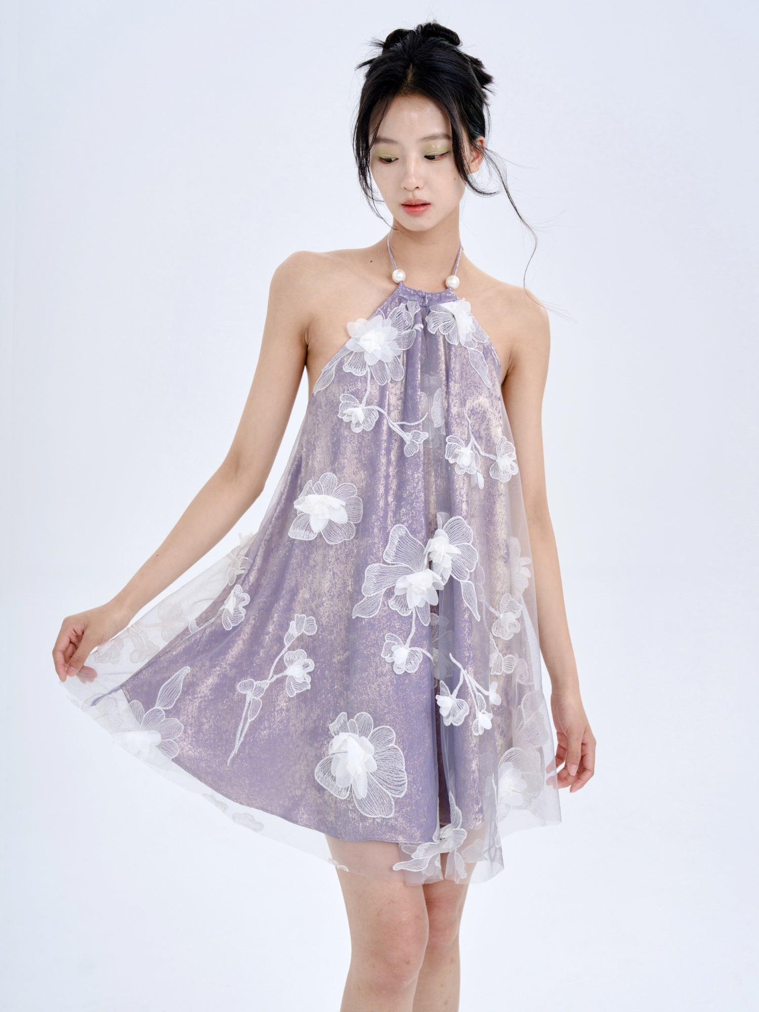 Three-dimensional Flower Halter Neck Backless Dress