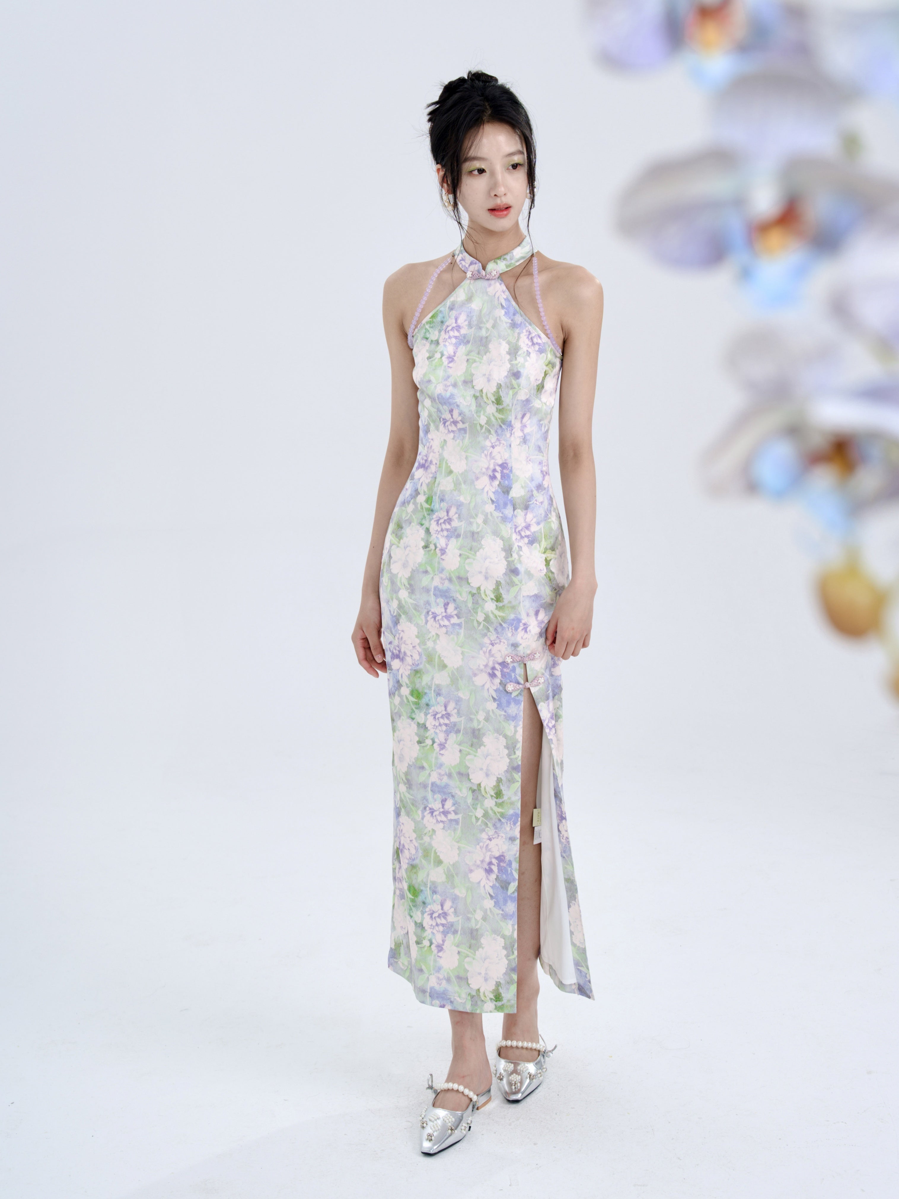 Floral Jacquard Slim American Sleeve Long Dress