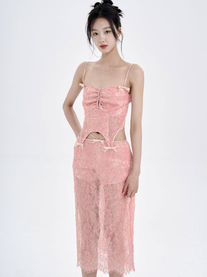 Lace Irregular Hem Camisole ＆ Low Waist Skirt