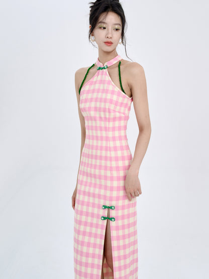 American Sleeve Plaid Chinese Style Slim Long Dress