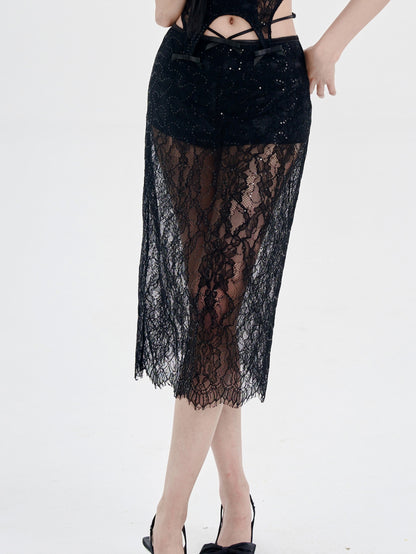 Lace Irregular Hem Camisole &amp; Low Waist Mid-Length Skirt