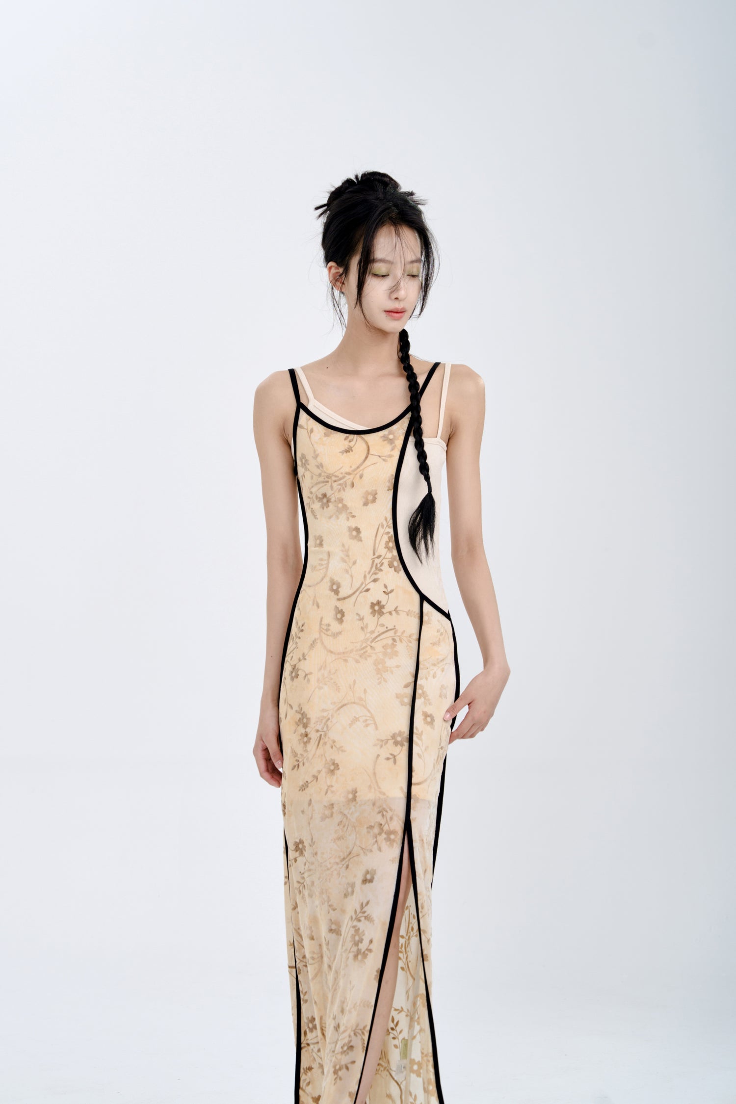 Flocking Burn Flower Elastic Slip Dress Set-up