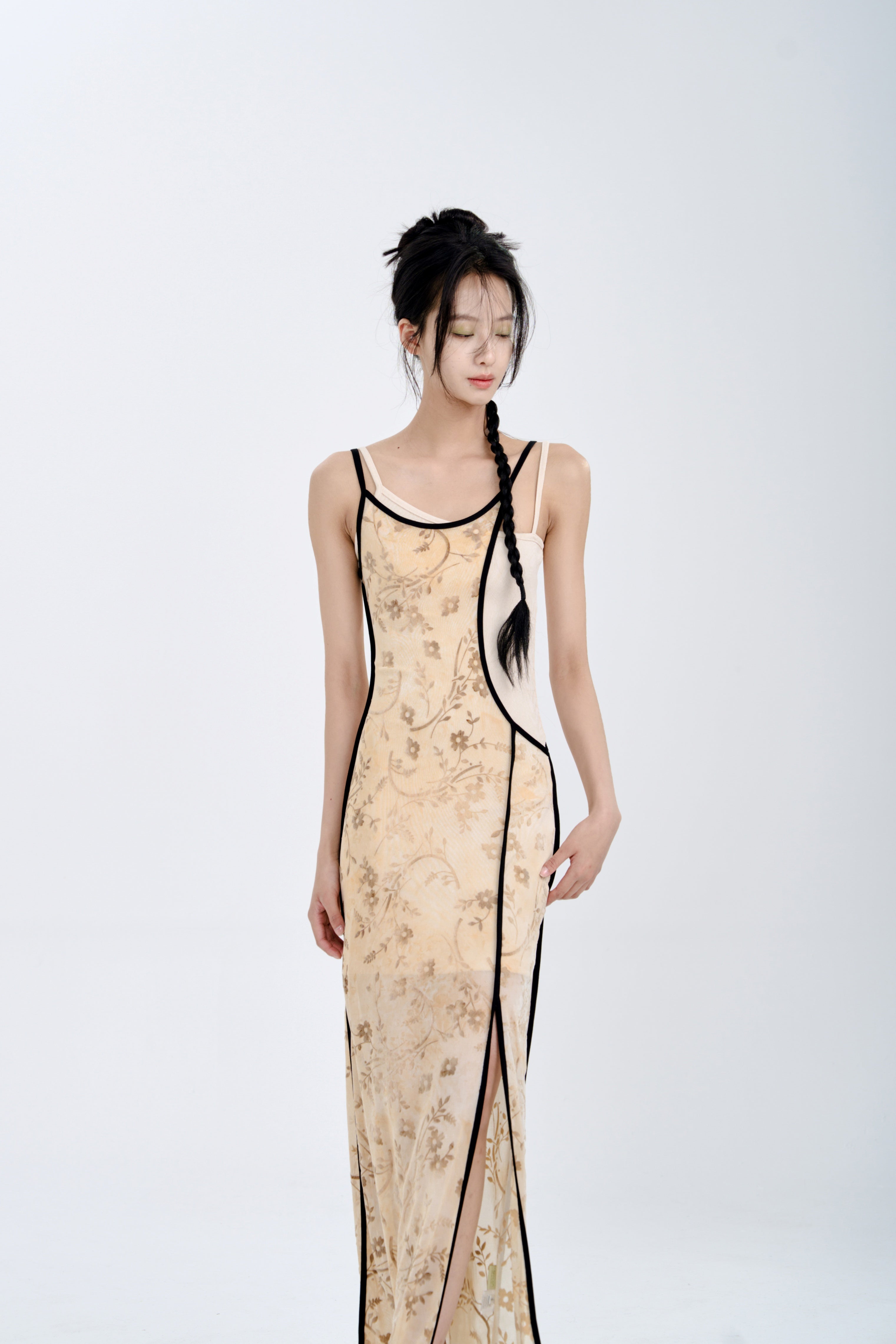 Flocking Burn Flower Elastic Slip Dress Set-up