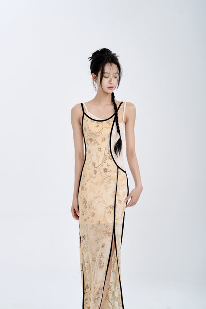 Flocking Burn Flower Elastic Slip Dress Set-up