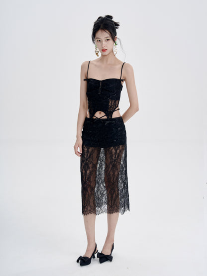 Lace Irregular Hem Camisole &amp; Low Waist Mid-Length Skirt