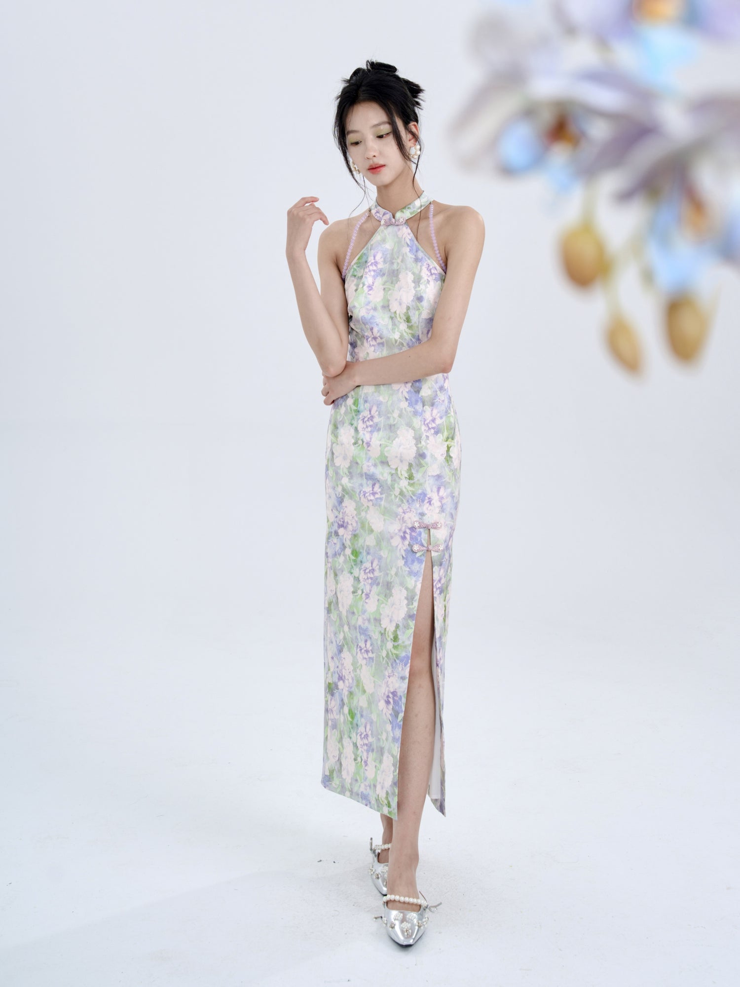 Floral Jacquard Slim American Sleeve Long Dress