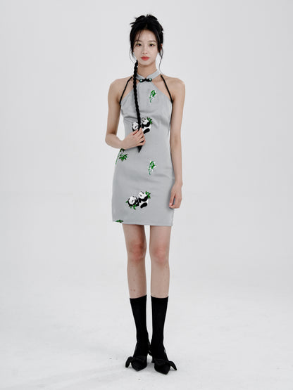 Chinese Style Panda Embroidery Slim American Sleeve Dress