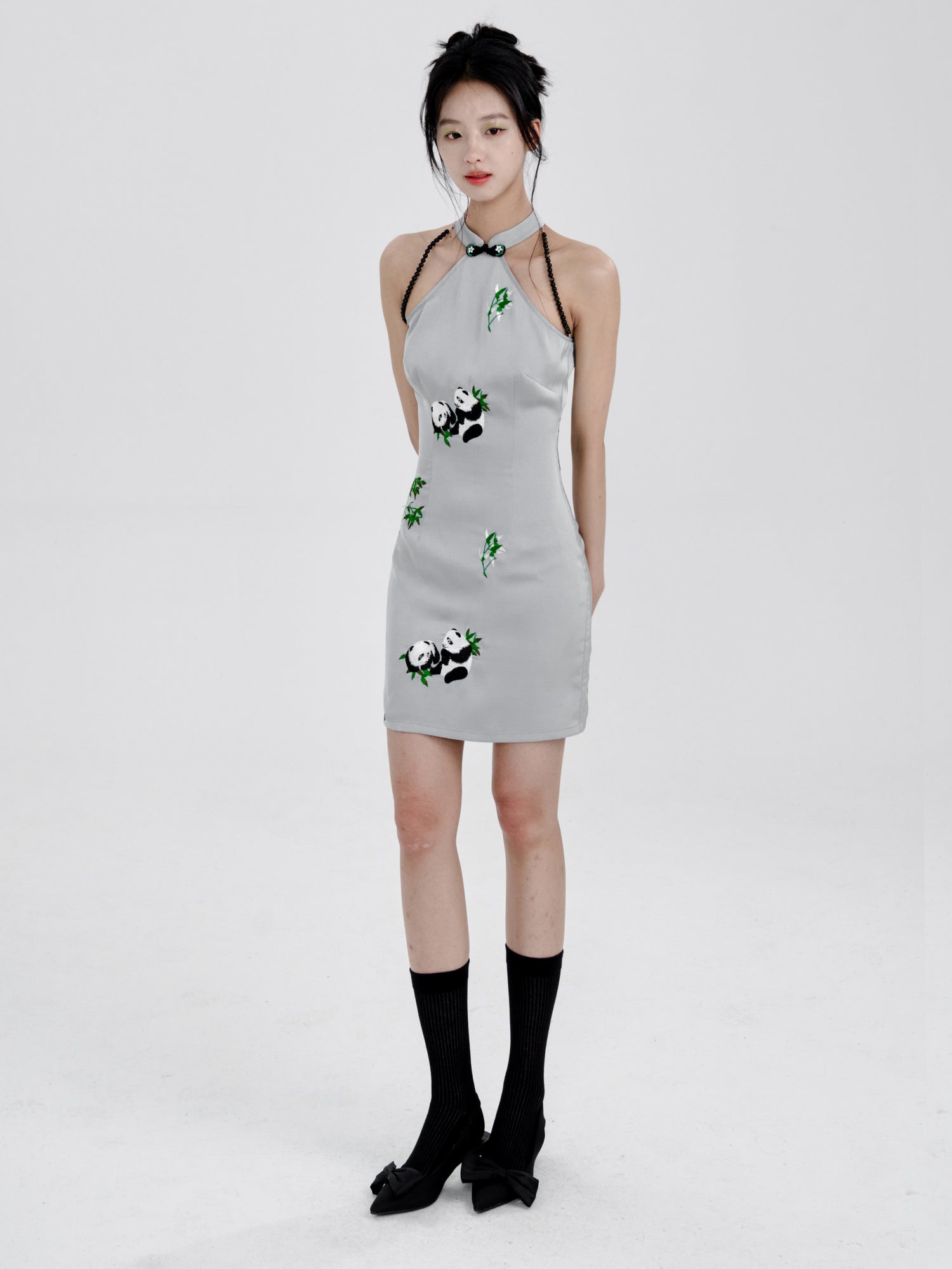 Chinese Style Panda Embroidery Slim American Sleeve Dress