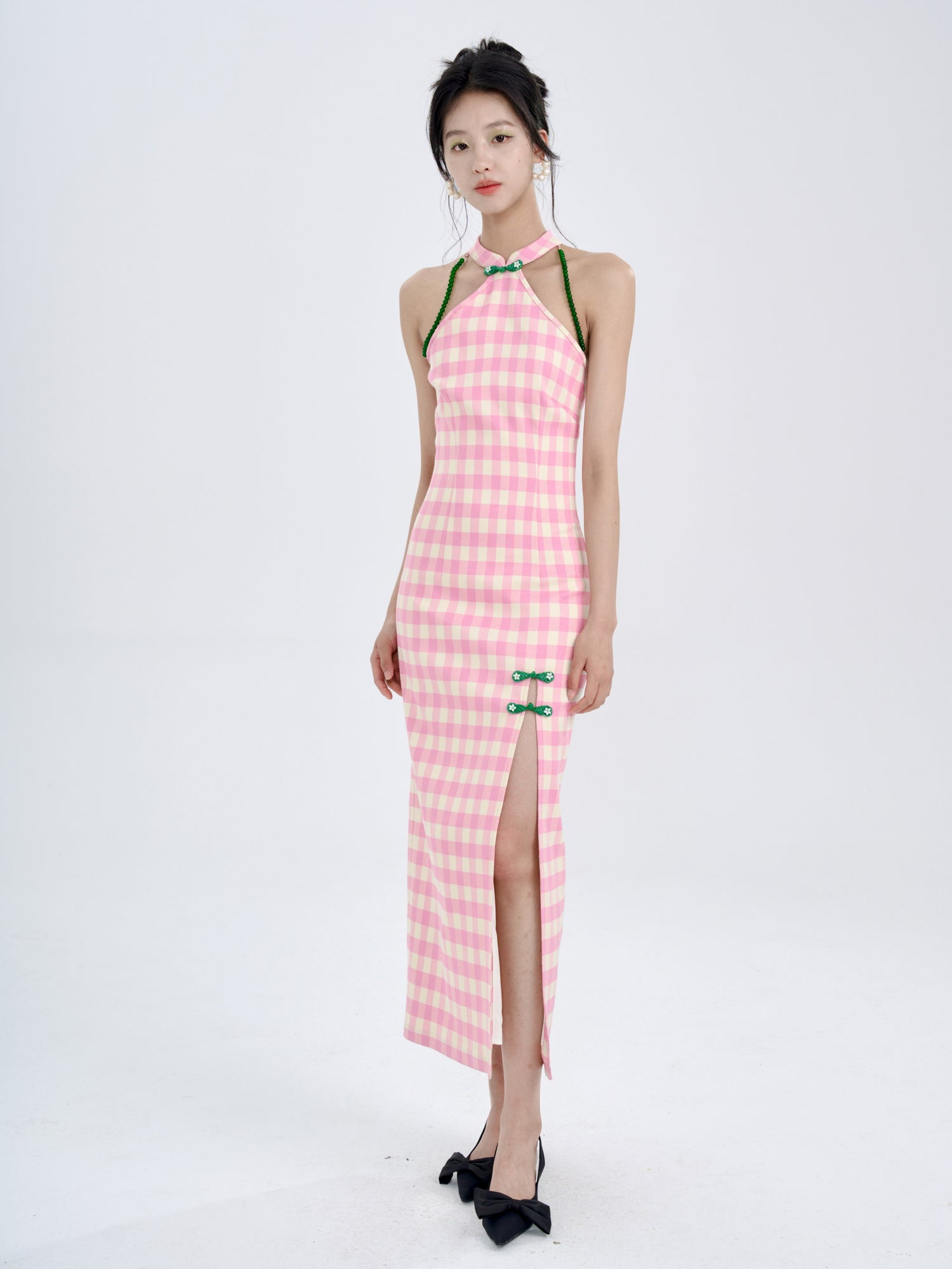 American Sleeve Plaid Chinese Style Slim Long Dress