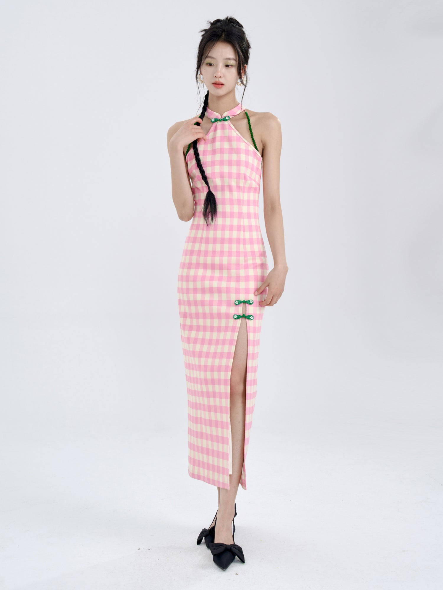 American Sleeve Plaid Chinese Style Slim Long Dress