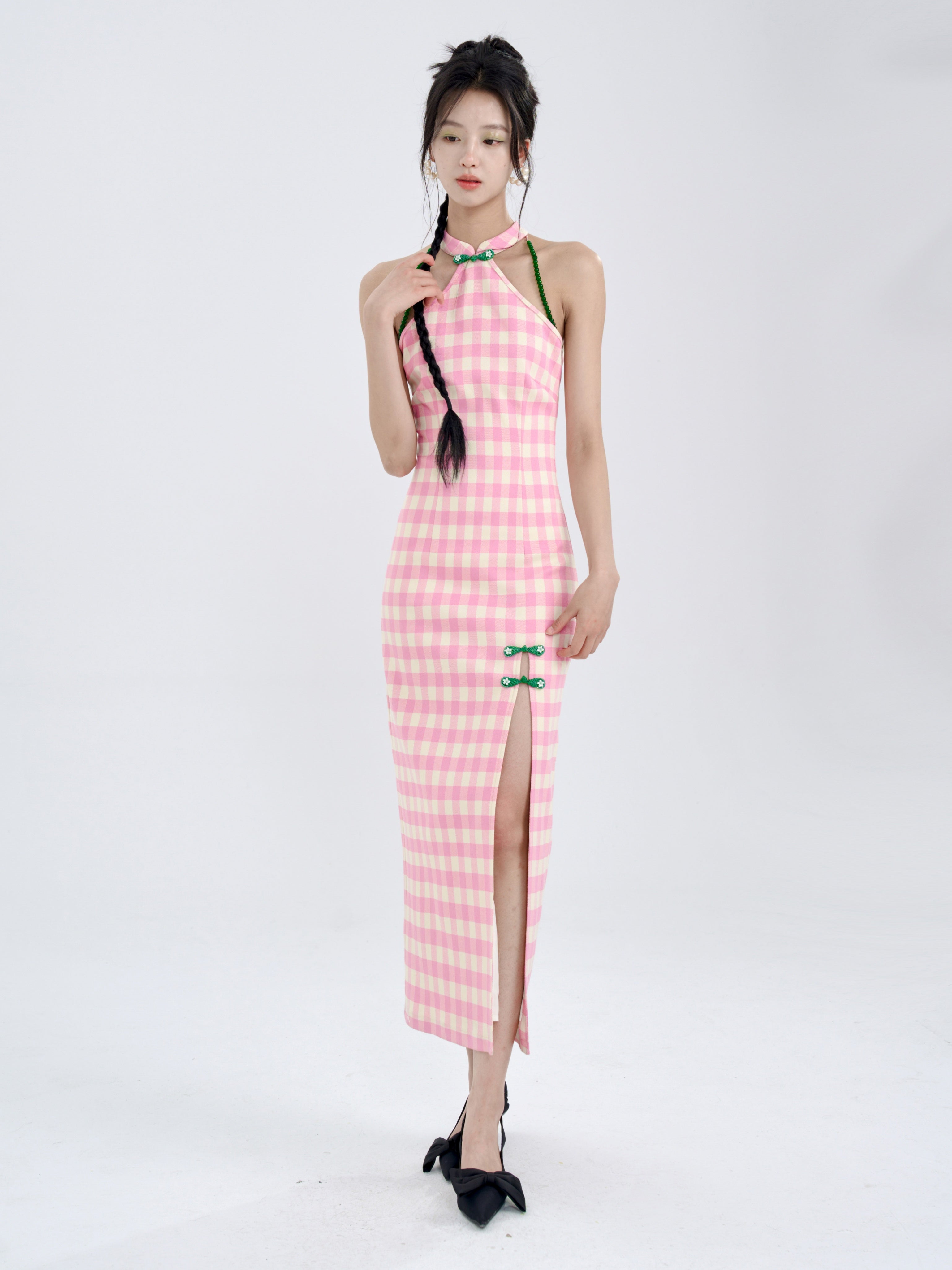 American Sleeve Plaid Chinese Style Slim Long Dress