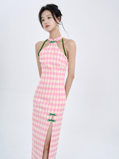 American Sleeve Plaid Chinese Style Slim Long Dress