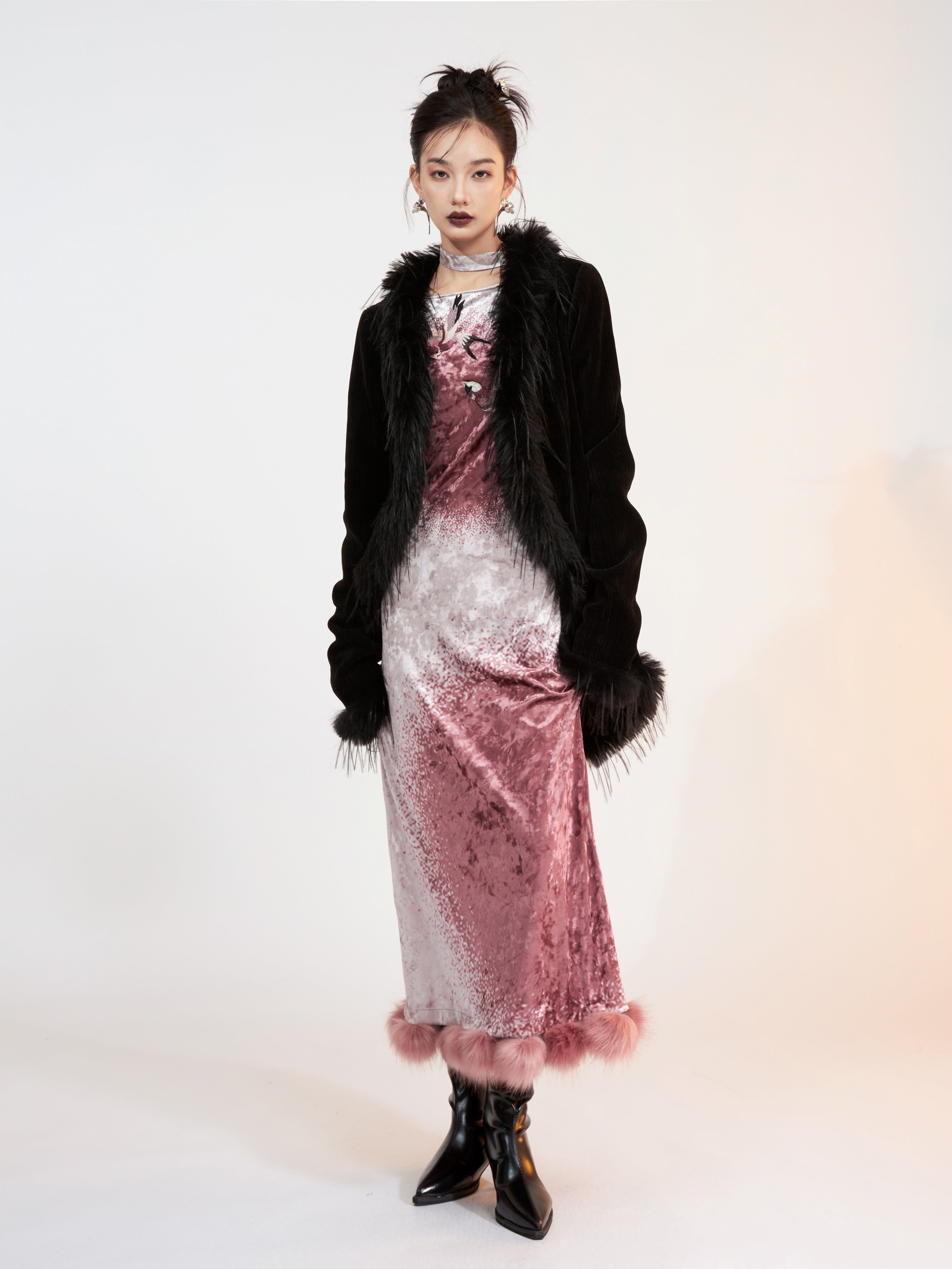 Fur Stitch Chinese Style Velvet Printing Long Dress