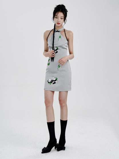 Chinese Style Panda Embroidery Slim American Sleeve Dress