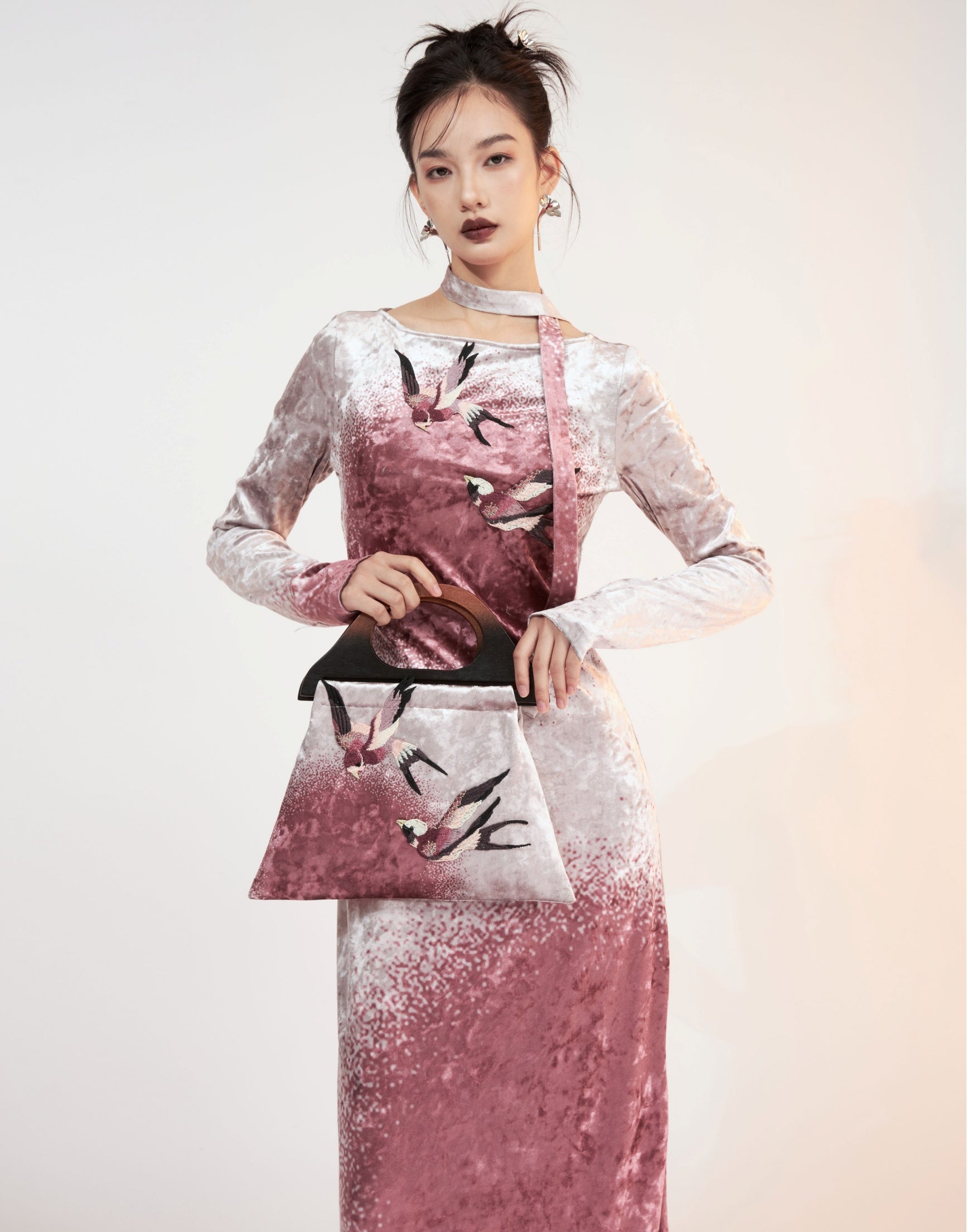 Fur Stitch Chinese Style Velvet Printing Long Dress