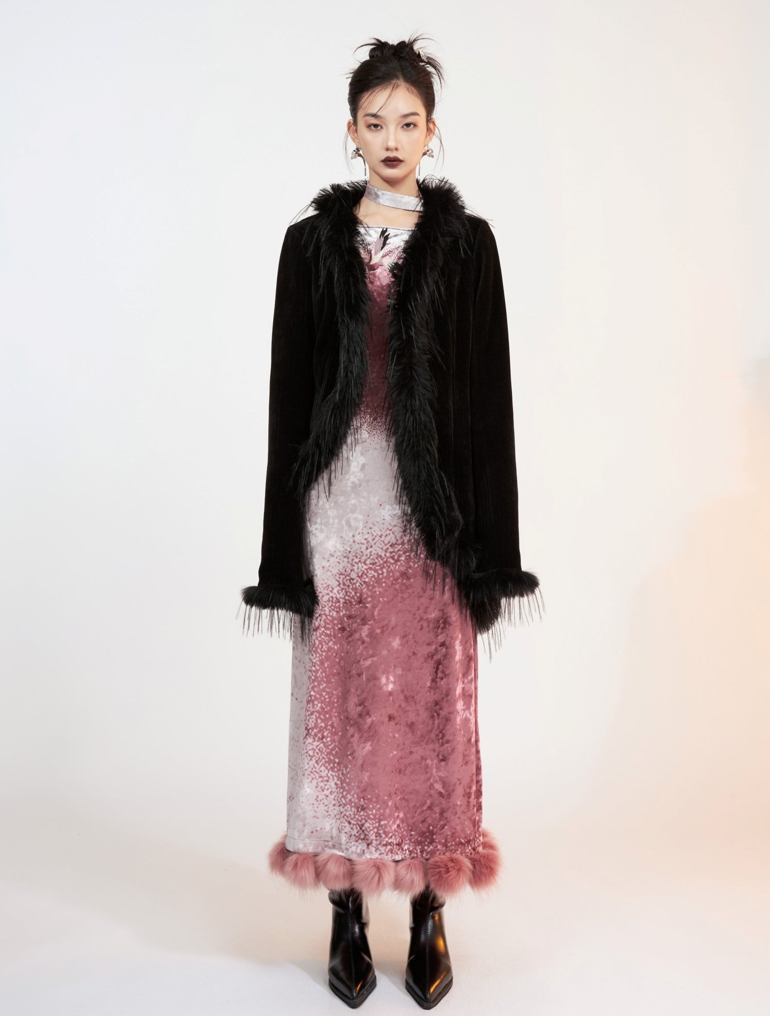 Fur Stitch Chinese Style Velvet Printing Long Dress