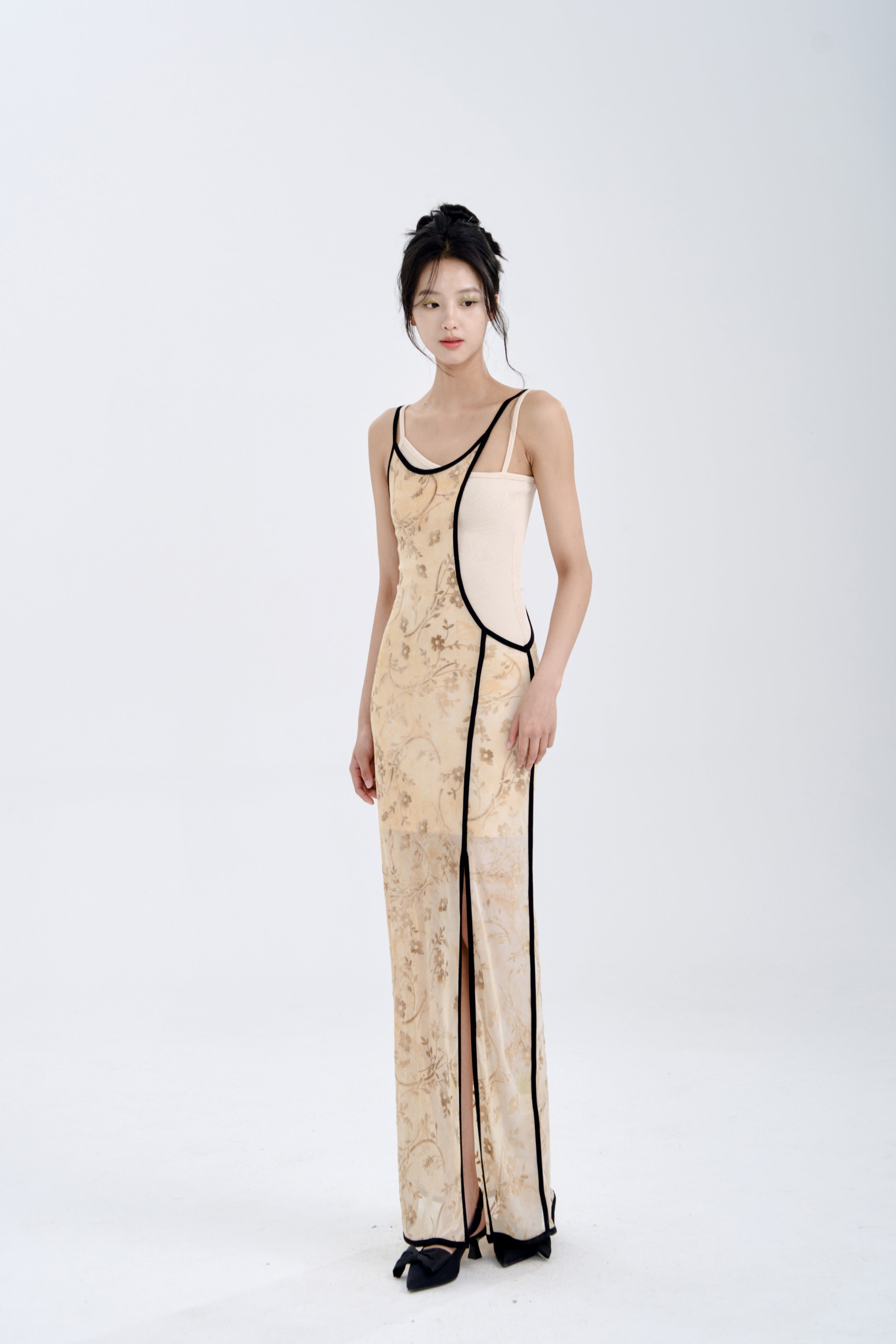 Flocking Burn Flower Elastic Slip Dress Set-up