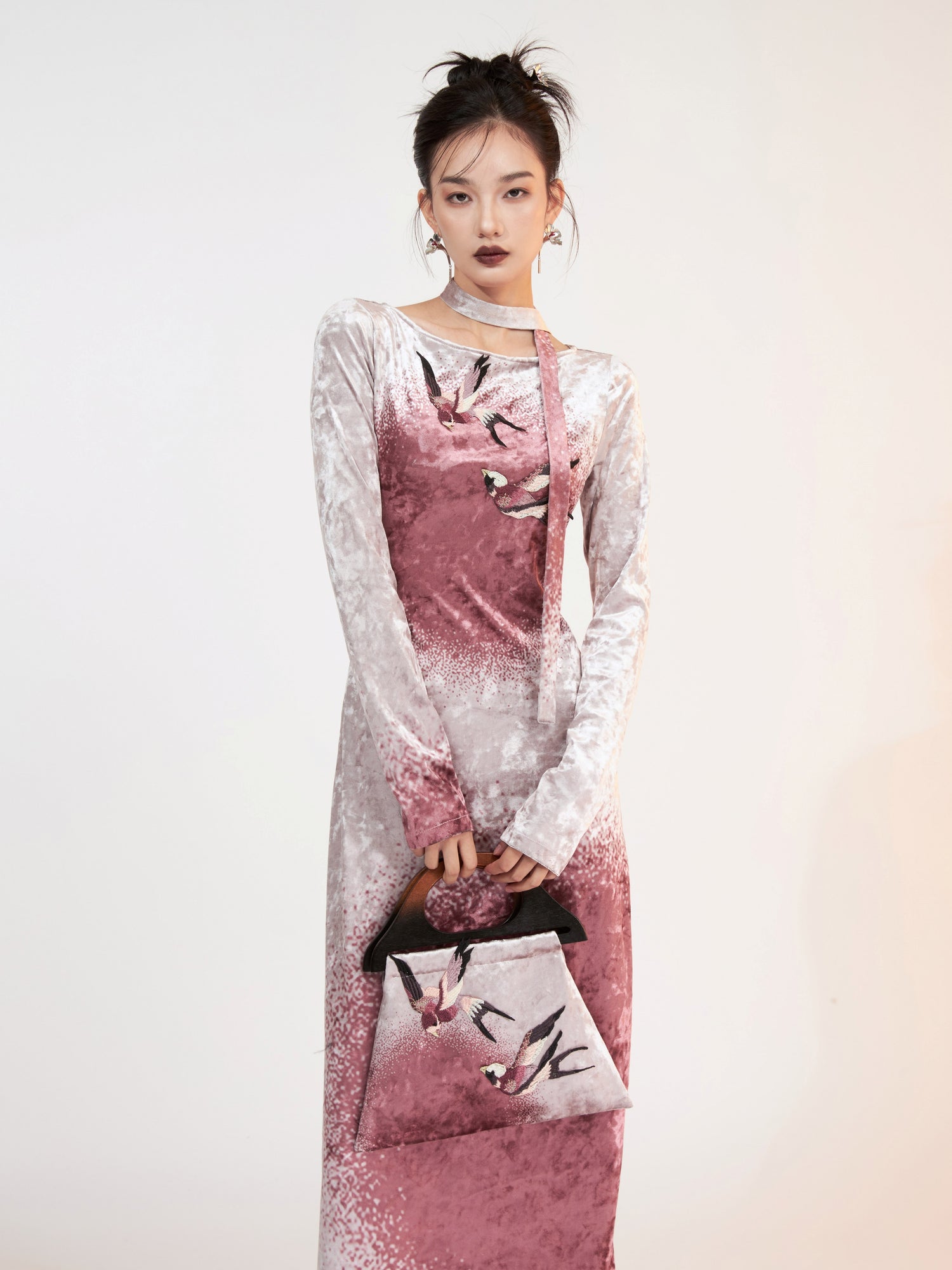 Fur Stitch Chinese Style Velvet Printing Long Dress