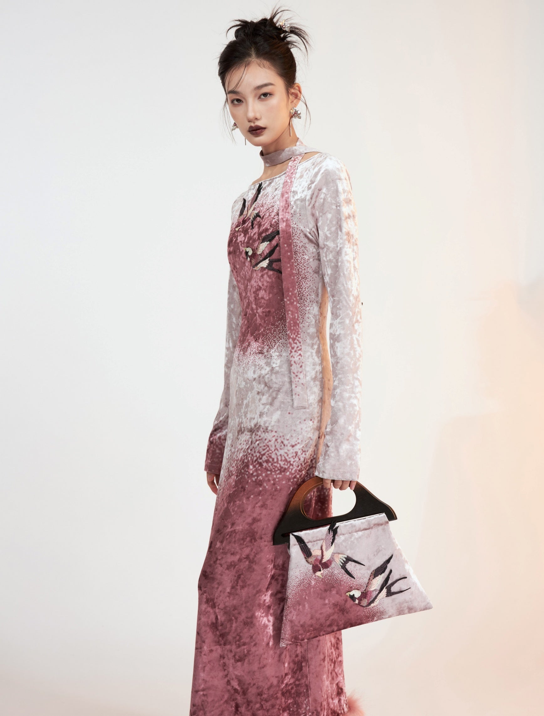 Fur Stitch Chinese Style Velvet Printing Long Dress