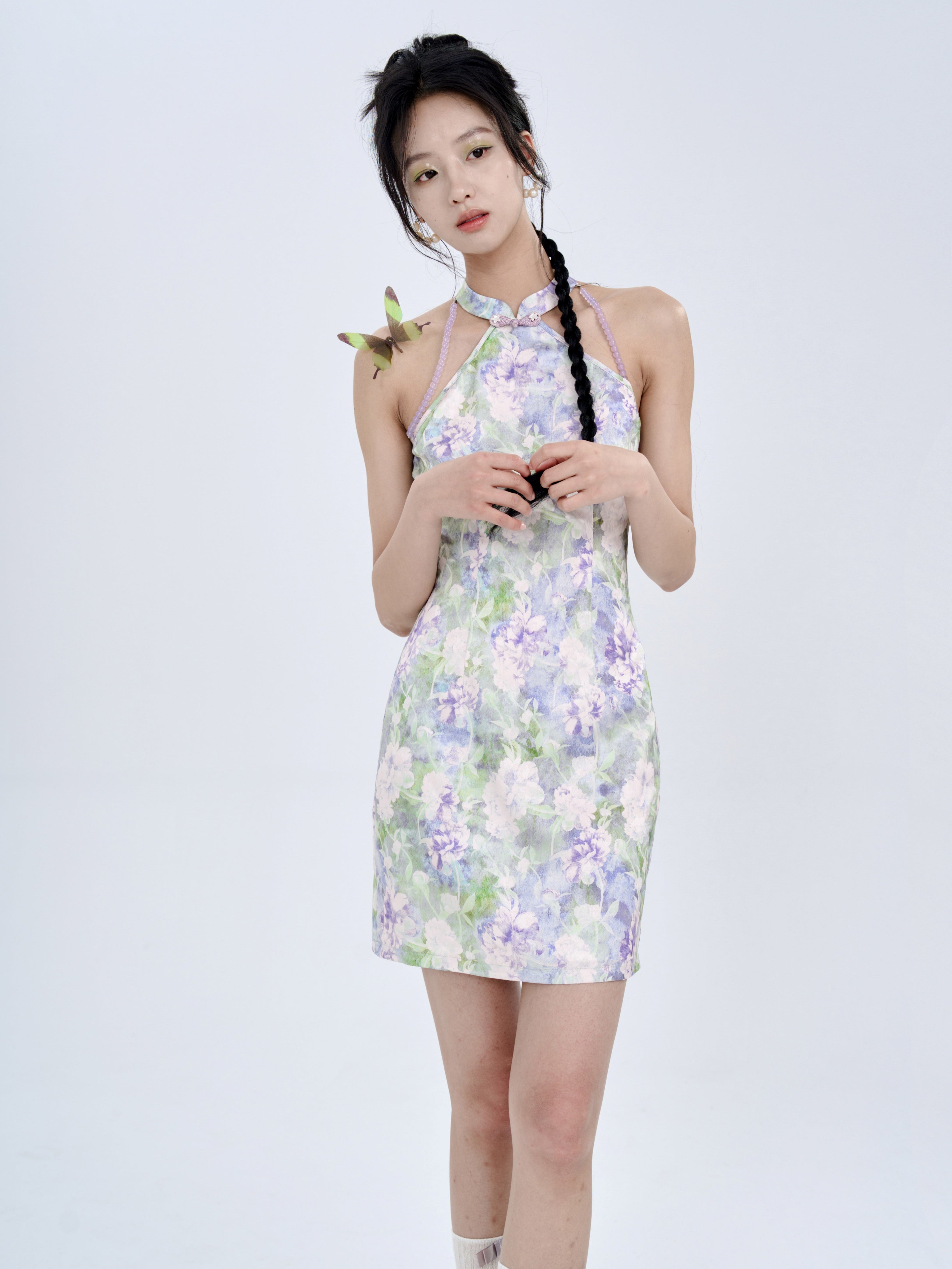 Chinese Jacquard Flower Slim American Sleeve Short Dress