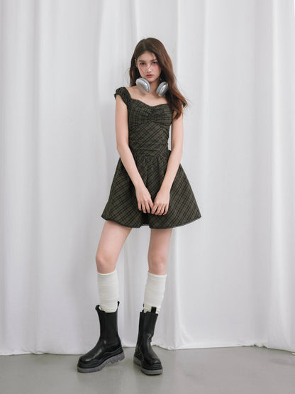 Check Lace Gather Short Dress