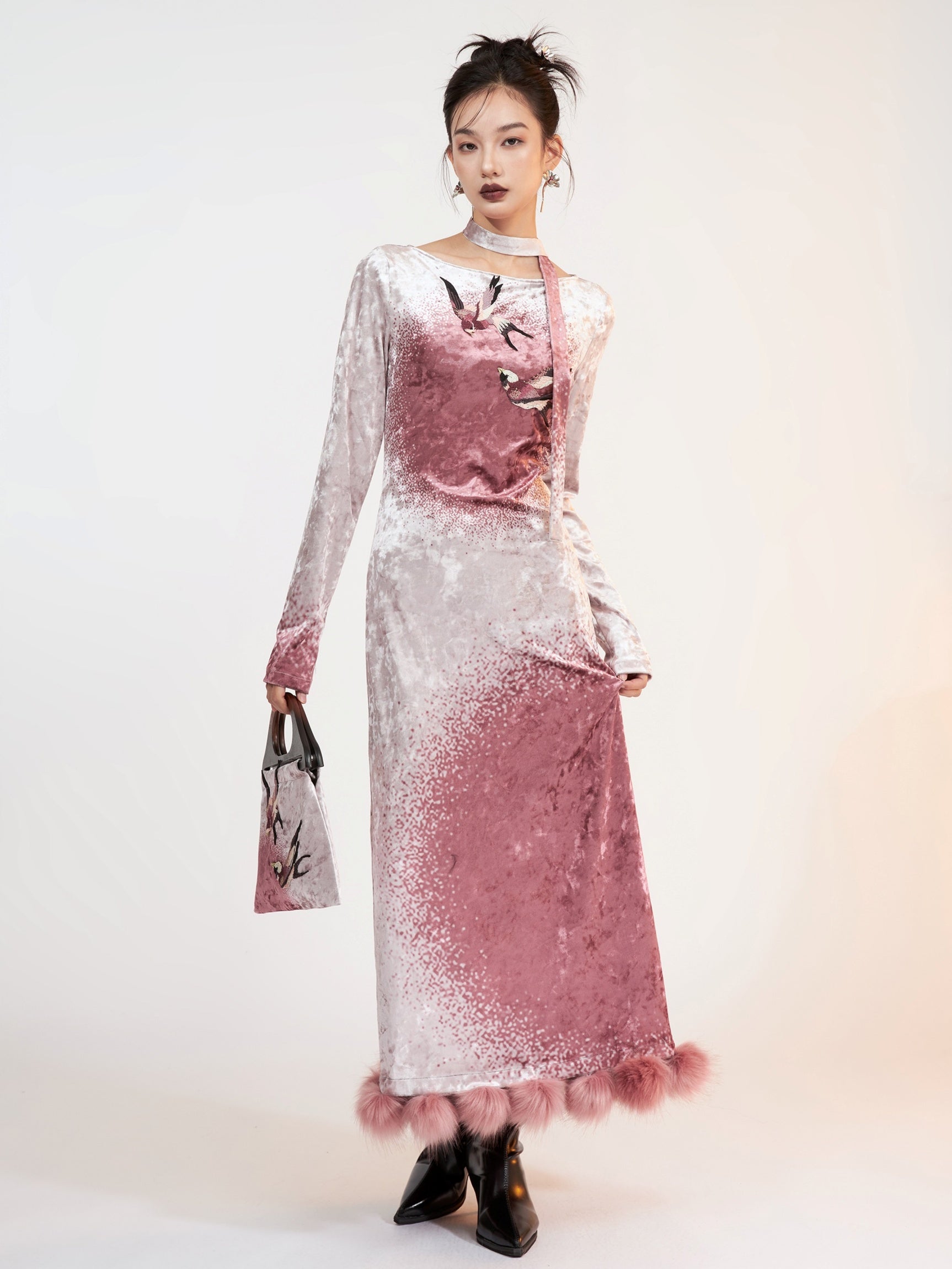 Fur Stitch Chinese Style Velvet Printing Long Dress