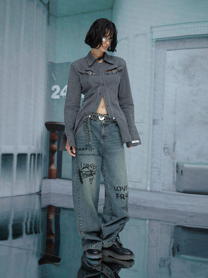 Denim Loose Casual Print logo Pants