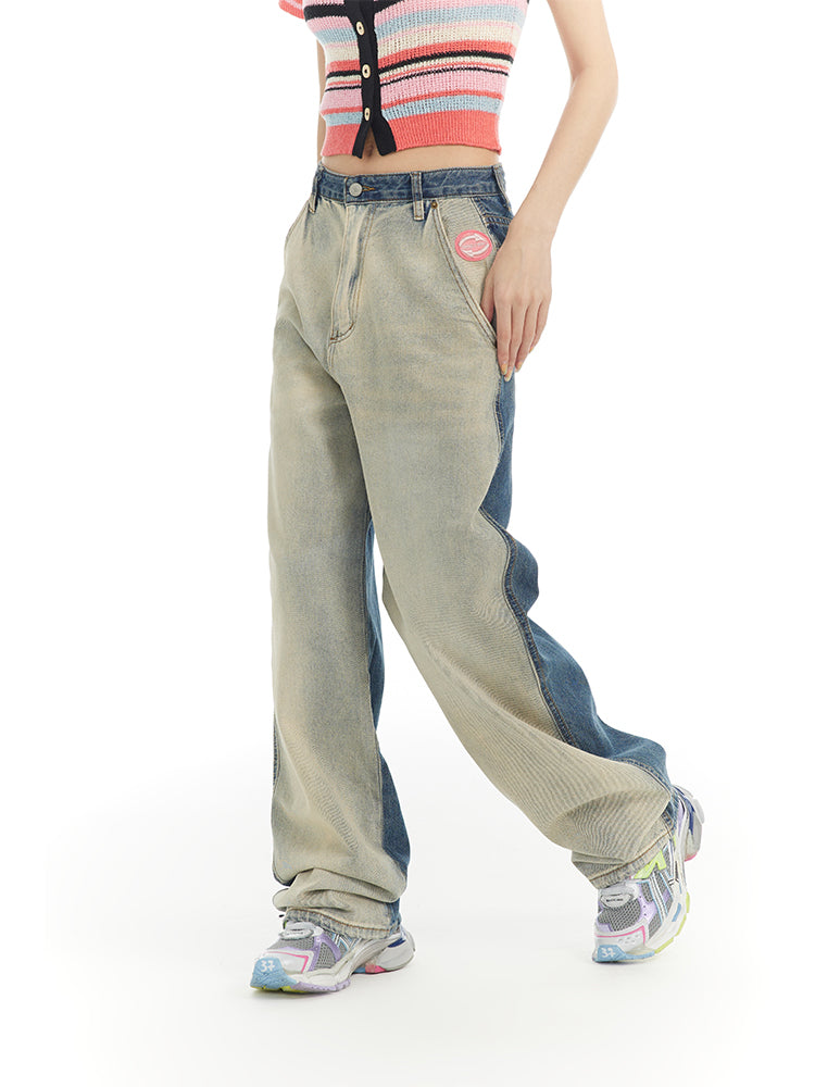 Nichi Contrast Faded-Denim Wide Casual Pants