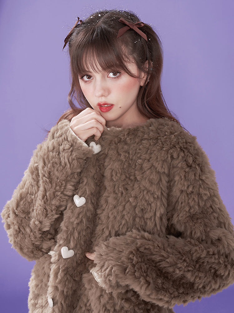 Heart NO-COLLAR FLUFFY BOA-COAT