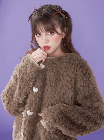 Heart No-collar Fluffy Boa-Coat