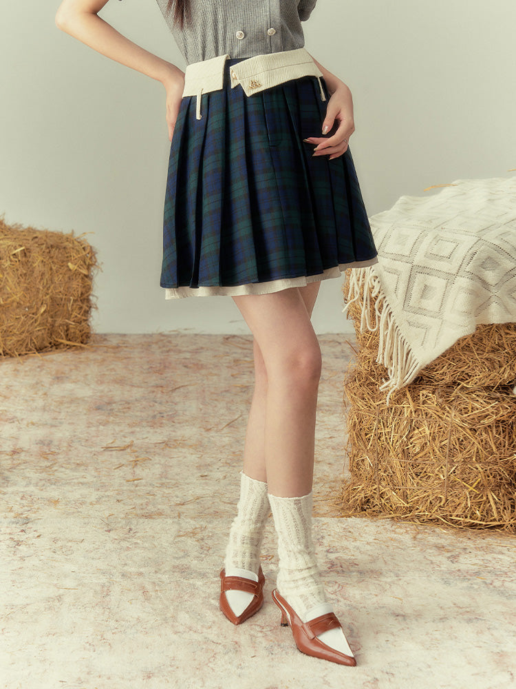 Checked Pleats Girly Short Skirt