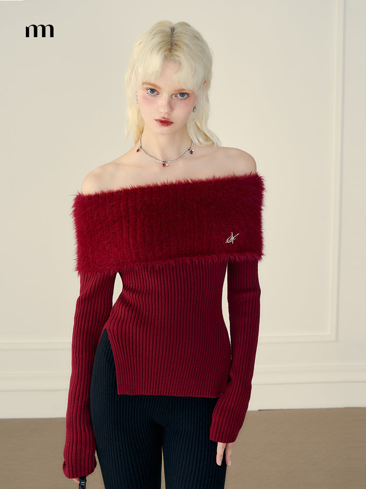 Off-shoulder Side-slit Fur Rib-knit