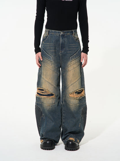 Unisex Denim Damage Faded Wide Pants