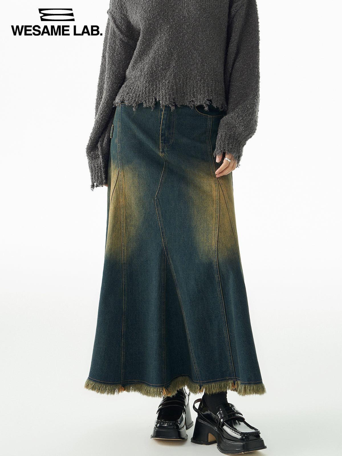 Cut-off Vintage Faded Flare Denim Long-Skirt