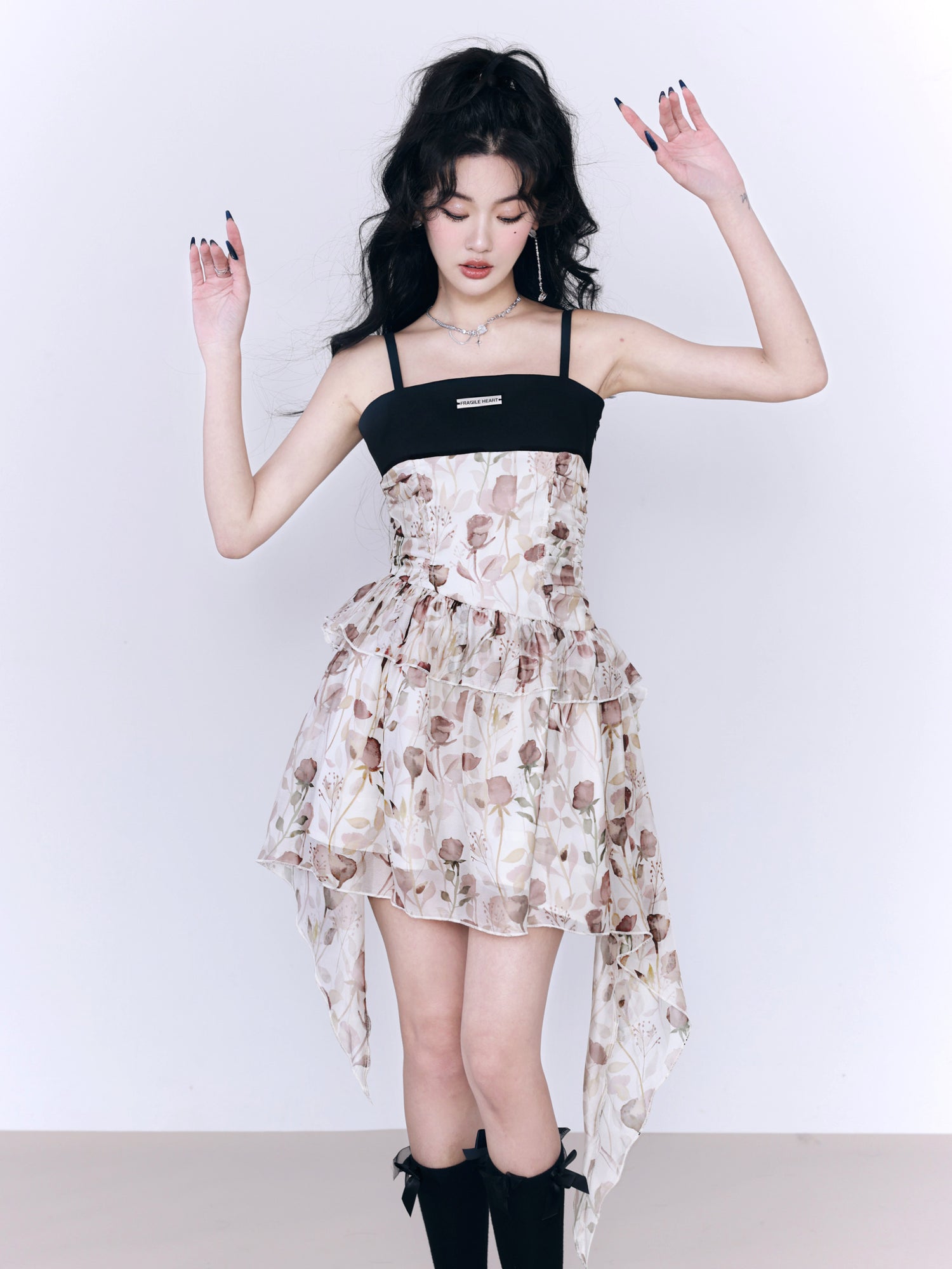 Frill Asymmetry Flower Tulip Tiered Side-Gather CIFFON ONE-PIECE