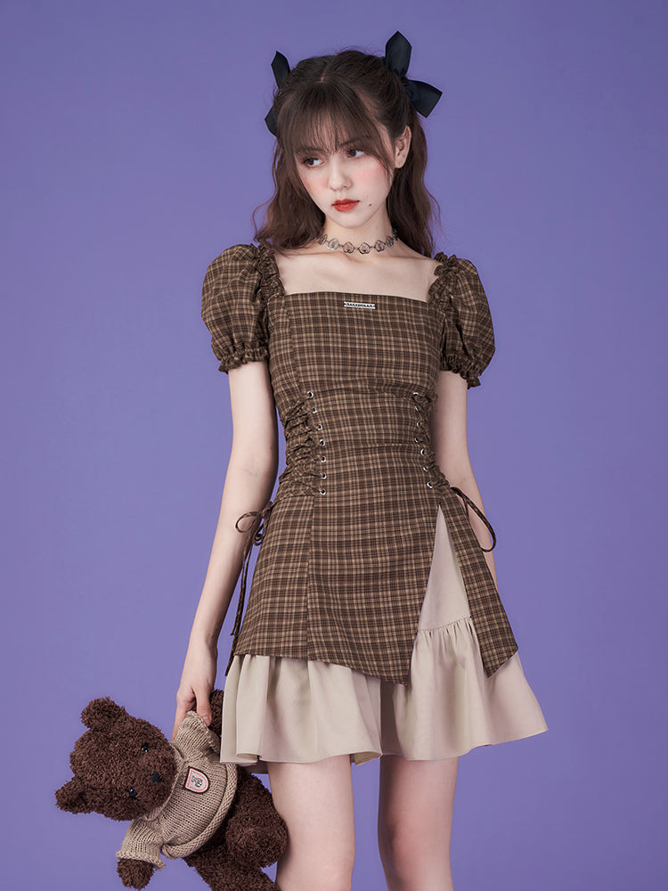 Lace-Up Checked Girly Puff-Sleeve ONE-PIECE – ARCANA ARCHIVE