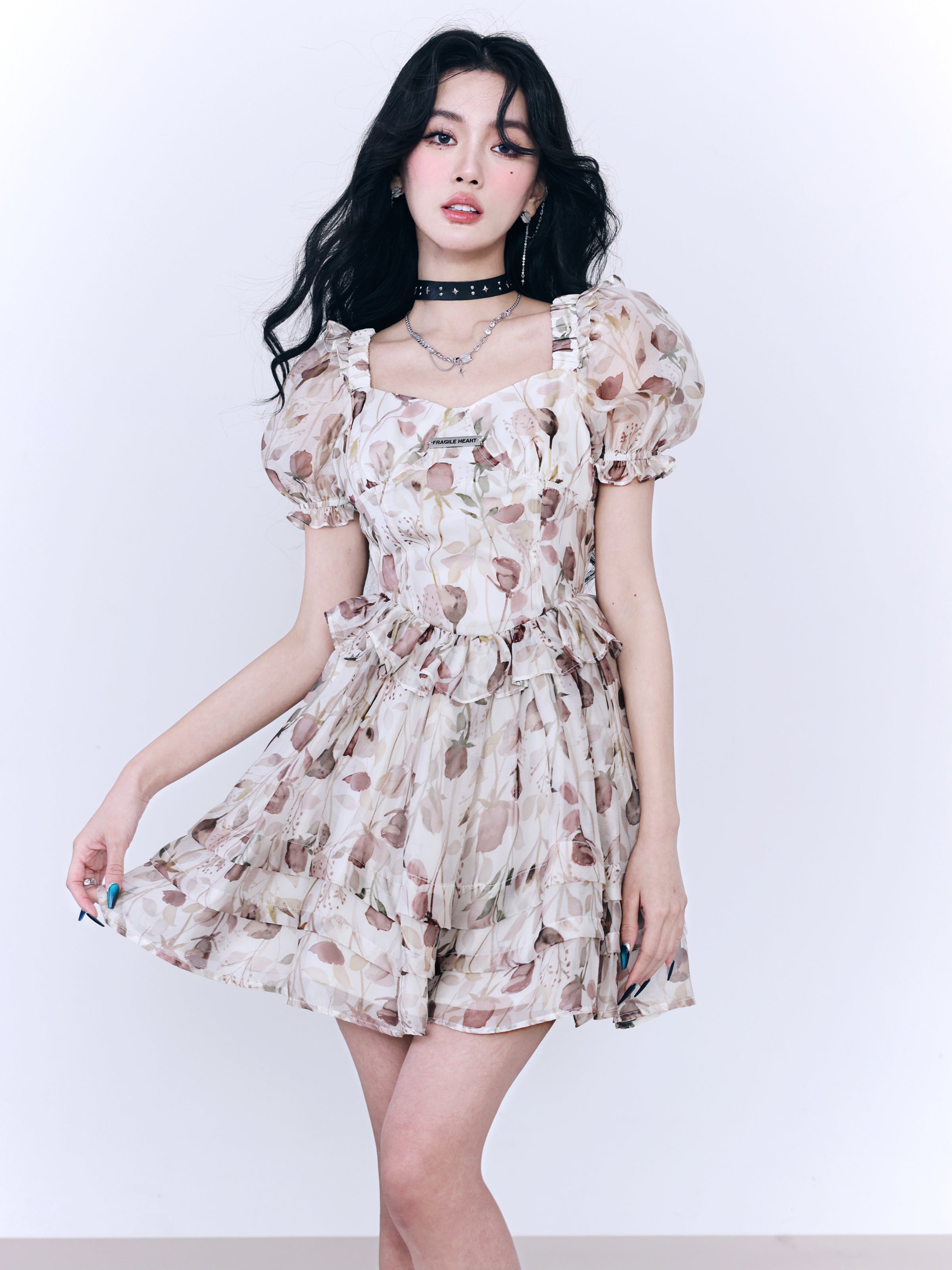 Frill Flower Tulip Tiered 귀여운 시폰 원피스