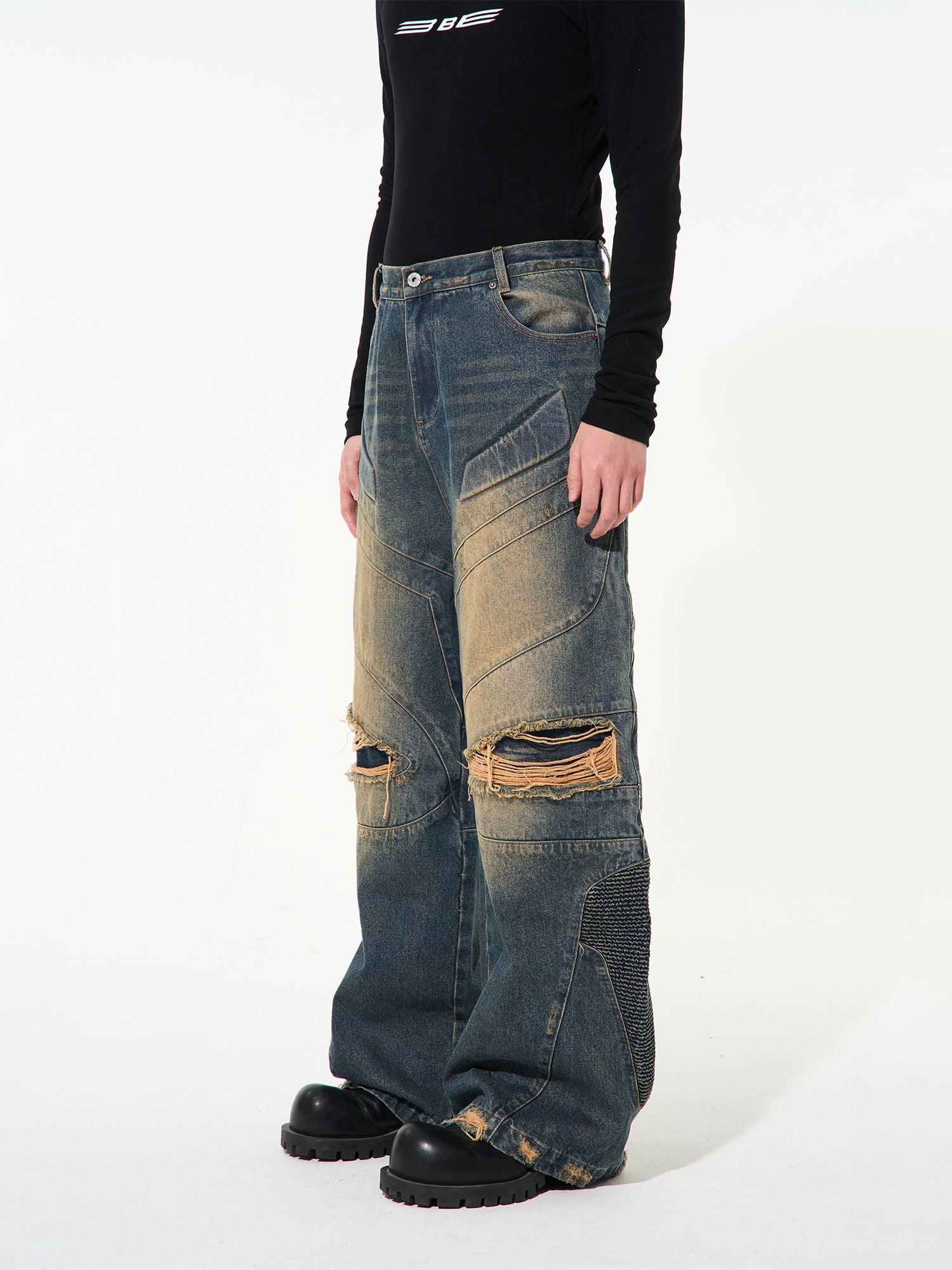 Unisex Denim Damage Faded Wide Pants