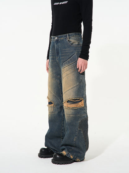 UNISEX DENIM DAMAGE FADED WIDE PANTS