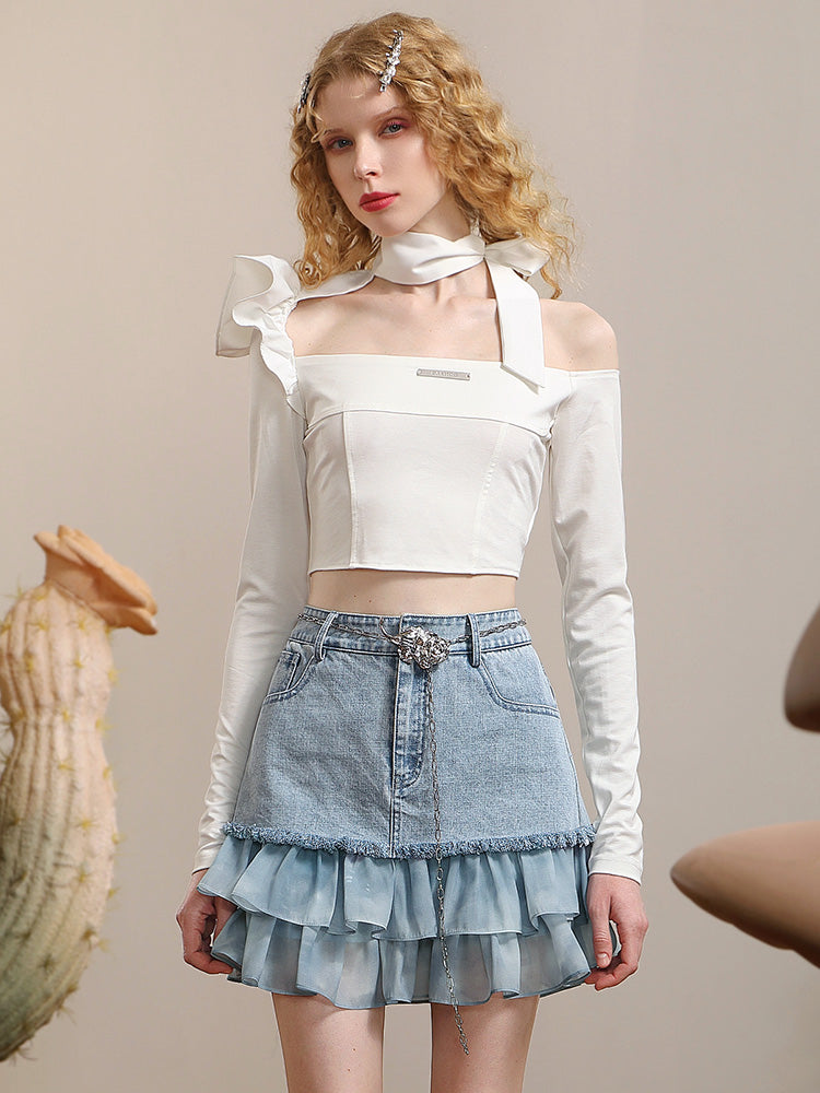 TOPS & SKIRT OFF-SHOULDER FRILL DENIM LACE MIX NICHI Set-UP